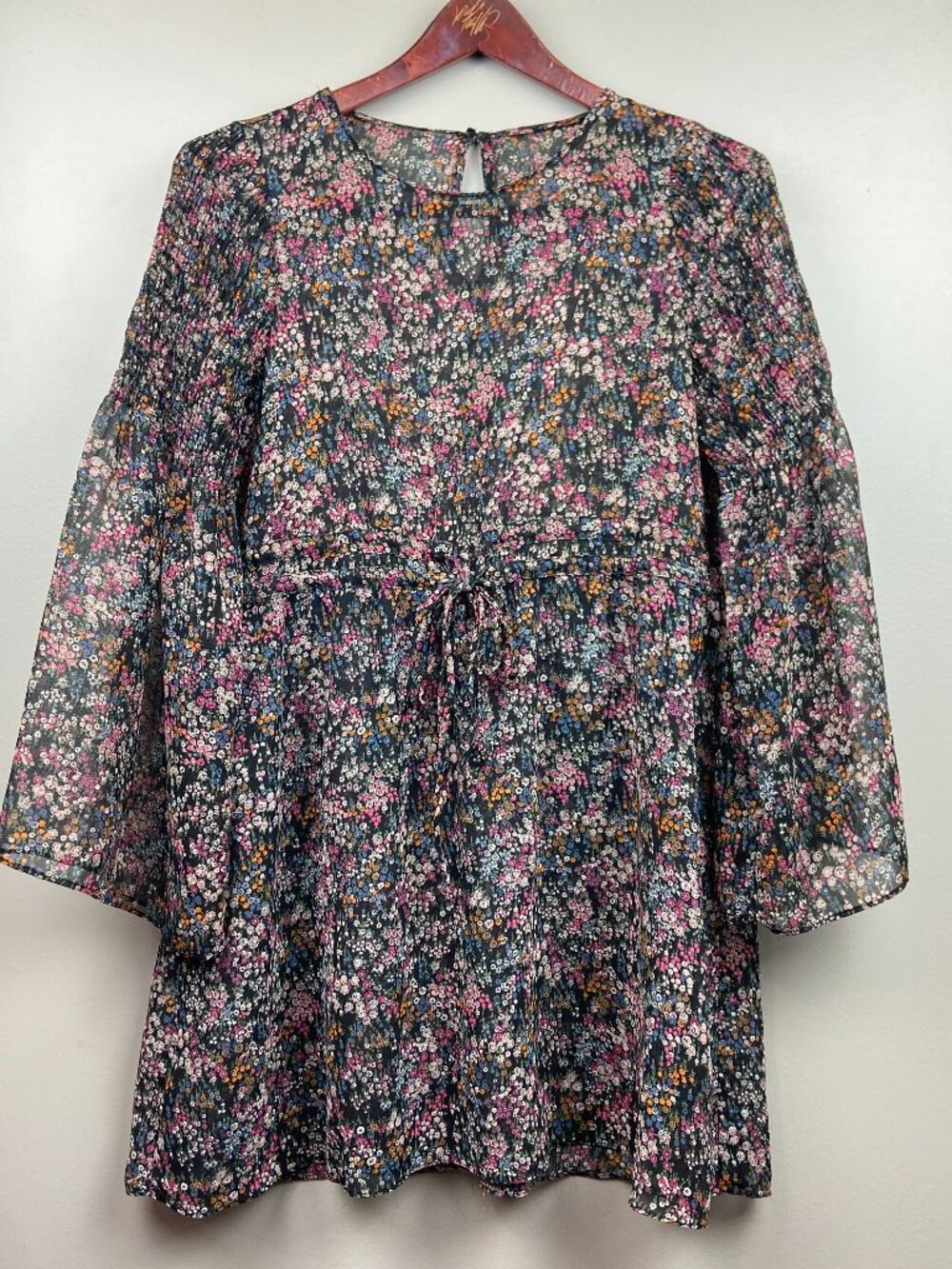 Zara Trafaluc Sheer Chiffon Black With Floral Print Mini Dress Size Medium Boho